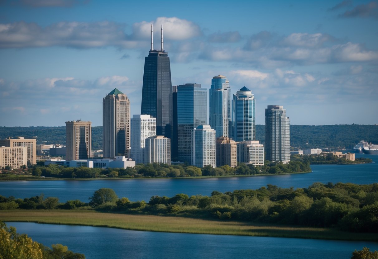 A city skyline with a mix of commercial and residential buildings, surrounded by natural landscapes and bodies of water