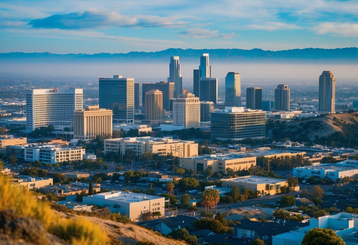 A bustling cityscape with various buildings and properties, surrounded by natural landscapes and environmental features in California