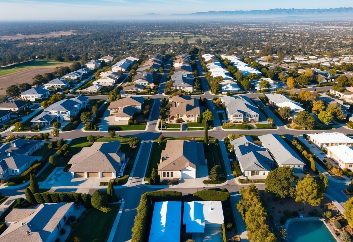 Aerial view of California properties with different land uses and development potential being compared and analyzed