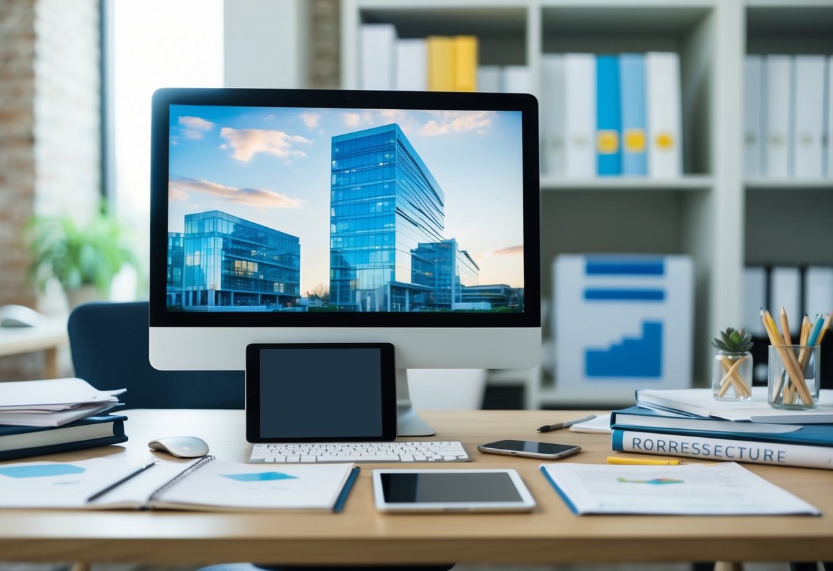 A modern office setting with a computer, tablet, and smartphone on a desk, surrounded by architectural and real estate analysis books and tools