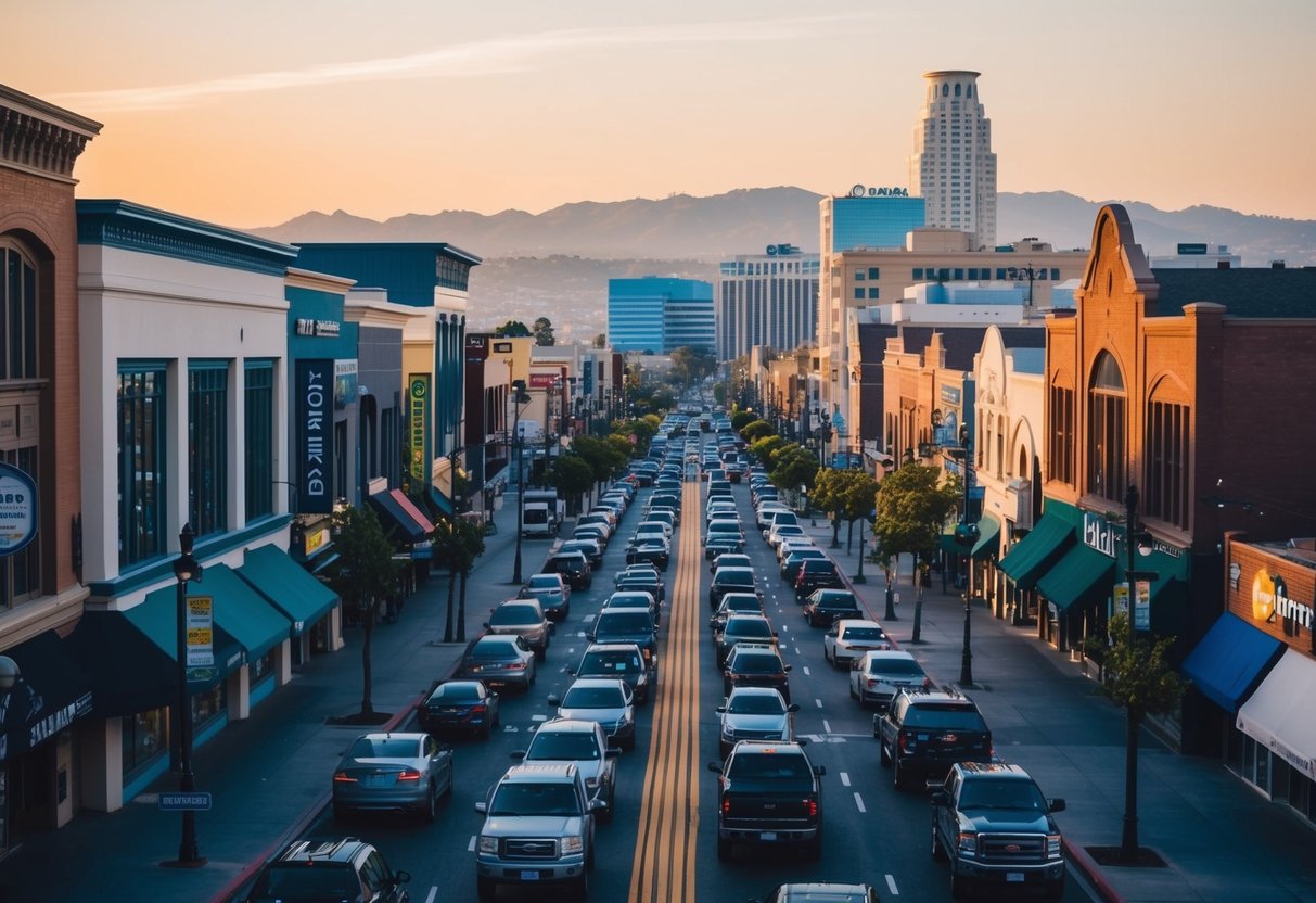 A bustling commercial street with diverse buildings and businesses, showcasing the potential for highest and best use analysis in California