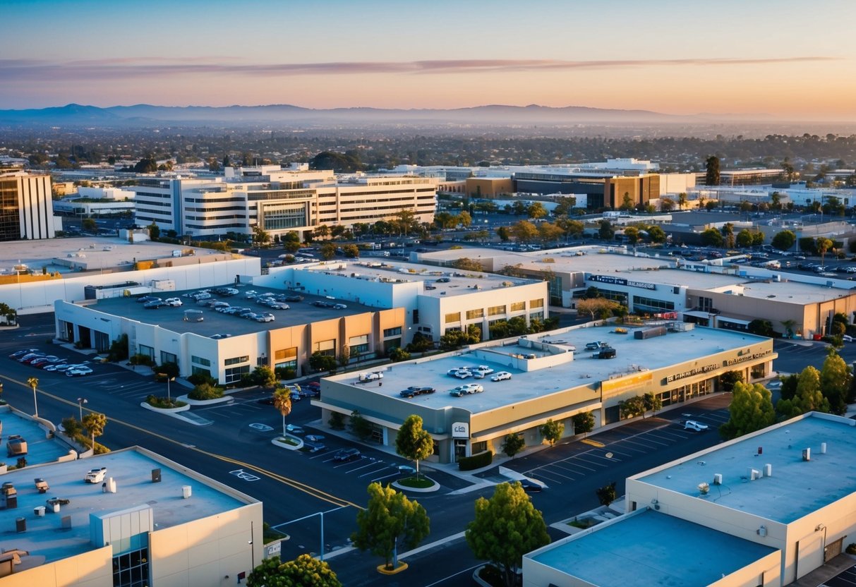 A bustling California commercial property with diverse building types and well-utilized spaces