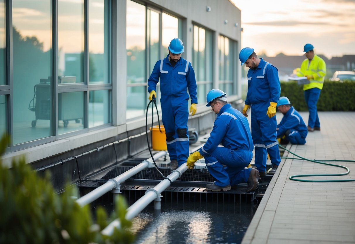Understanding the Importance of Drain Cleaning for Commercial Properties: Essential Maintenance Practices 2 A commercial property with a drainage system being inspected and cleaned by workers in protective gear, while others monitor and analyze the process
