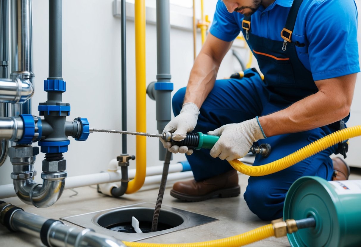 Common Causes of Drain Clogs in San Francisco Businesses: Key Factors to Know 1 A plumber uses a snake tool to clear a clogged drain in a San Francisco business, surrounded by pipes and equipment