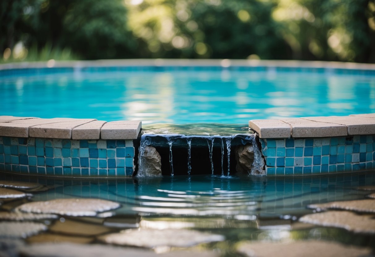 A pool with cracks and water seeping out, surrounded by Georgia's hot and humid climate