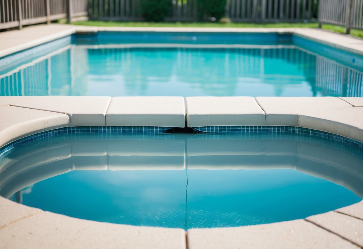 A clear swimming pool with still water, surrounded by a deck and a fence. A small crack is visible at the bottom of the pool, with water slowly leaking out