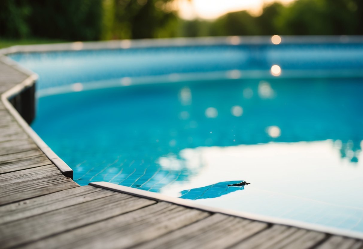 A clear swimming pool with a crack in the side, water leaking out onto the surrounding deck