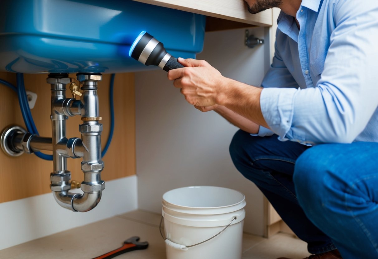 A homeowner using a flashlight to inspect pipes under the sink for leaks, while holding a wrench and a bucket nearby