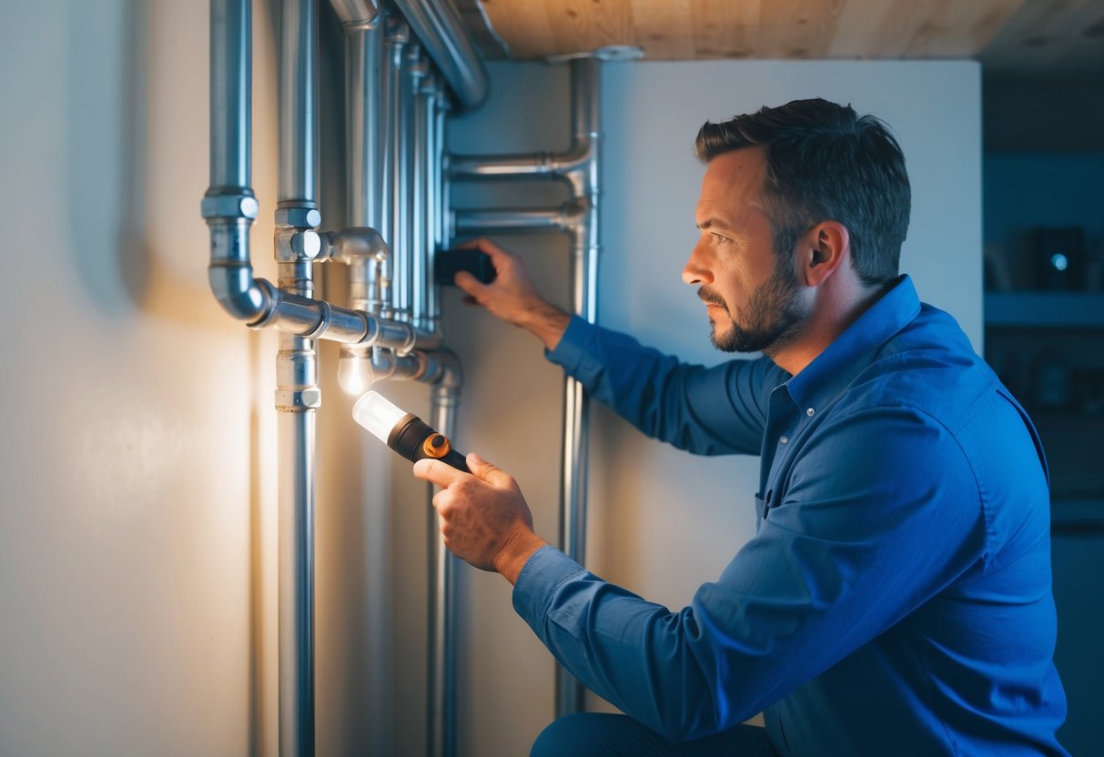 A homeowner inspects pipes with a flashlight, listens for water sounds, and checks for damp spots on walls and ceilings