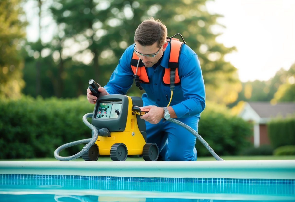 A professional leak detection technician using specialized equipment to inspect a swimming pool for leaks in Georgia