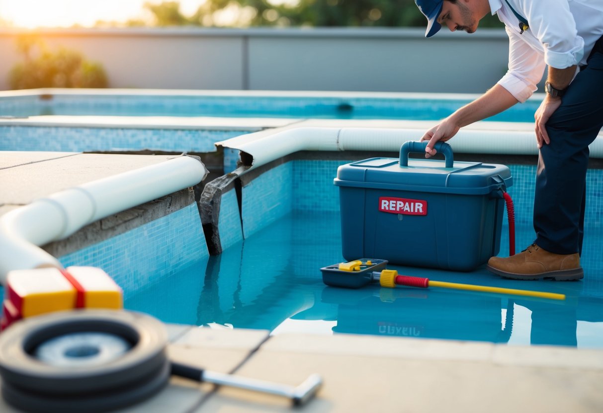 A pool with water leaking from cracks in the surface, a repair kit and tools nearby, a technician examining the damage