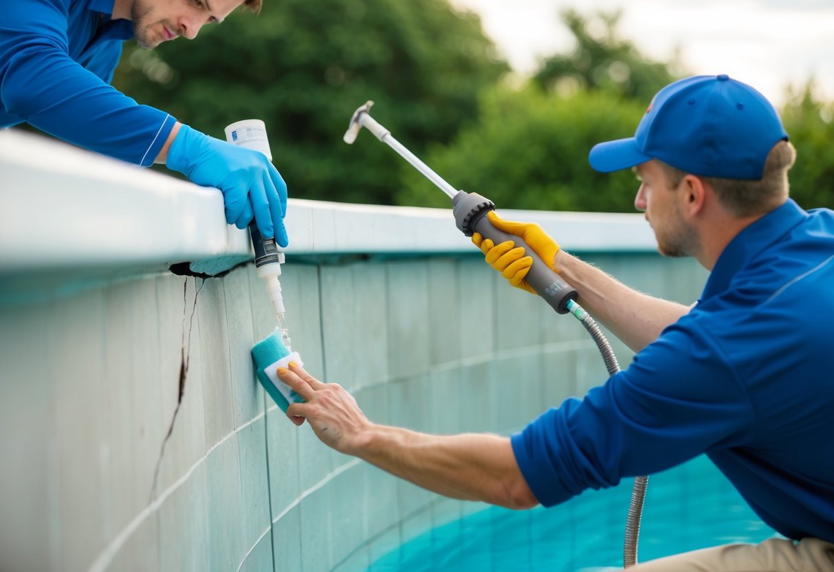 A pool technician applying sealant to a cracked section of a pool wall, while another technician uses a specialized tool to detect leaks in the pool lining