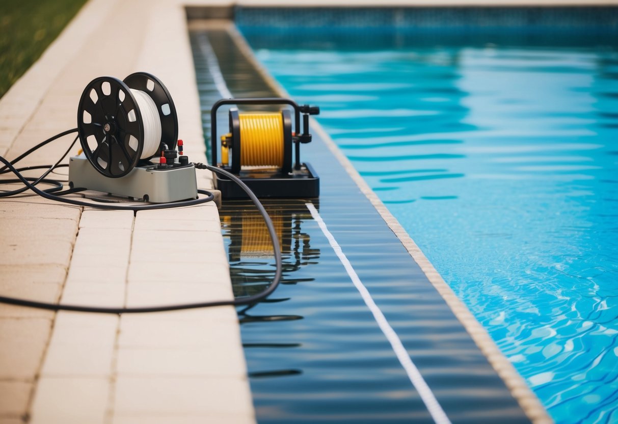 A pool with water ripples, surrounded by equipment for leak detection and maintenance