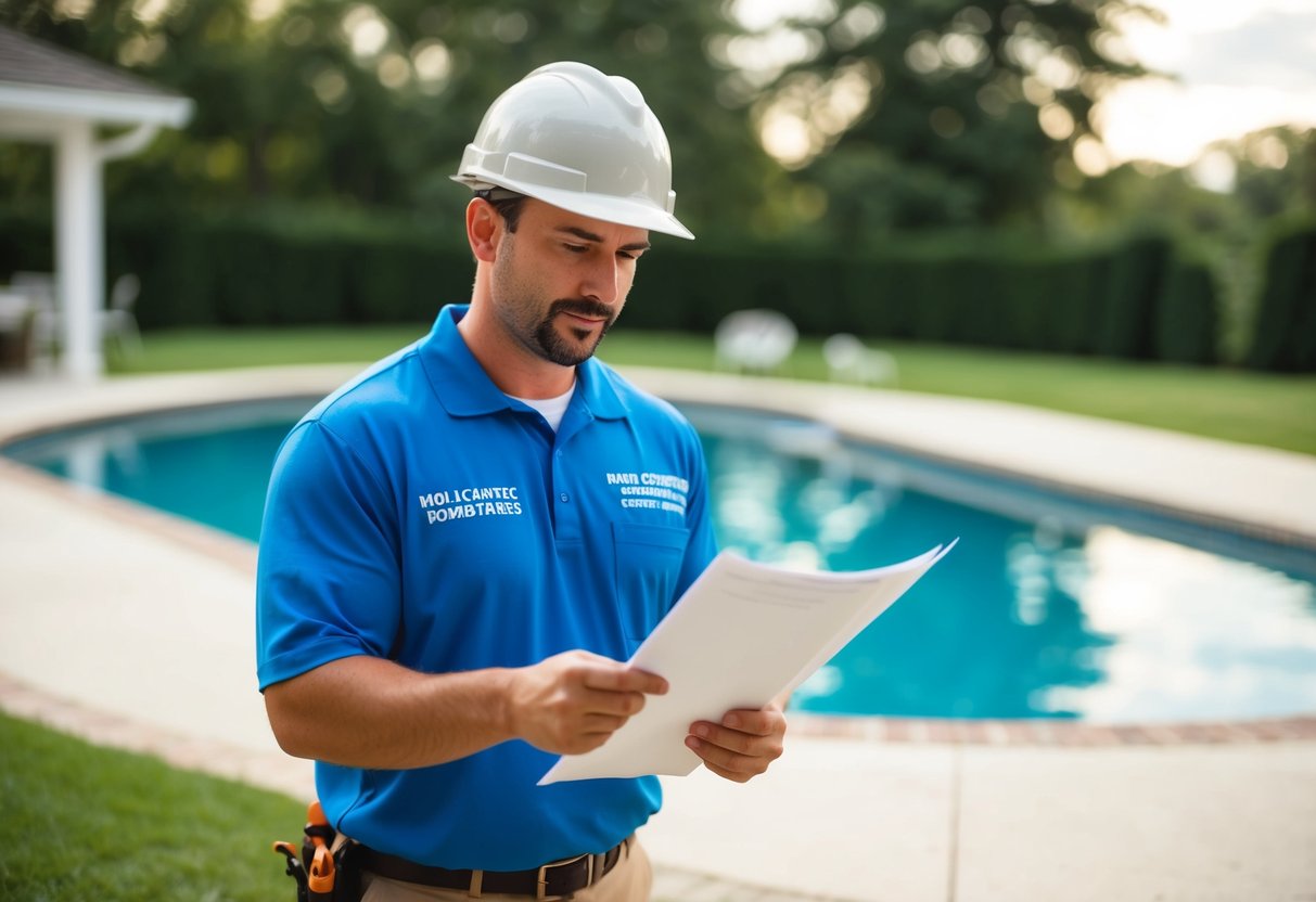 A pool contractor reviewing qualifications and certifications for reliability and trustworthiness