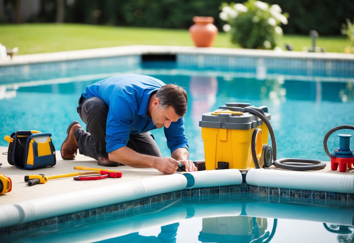 A pool repair contractor examining a damaged pool with various tools and equipment nearby