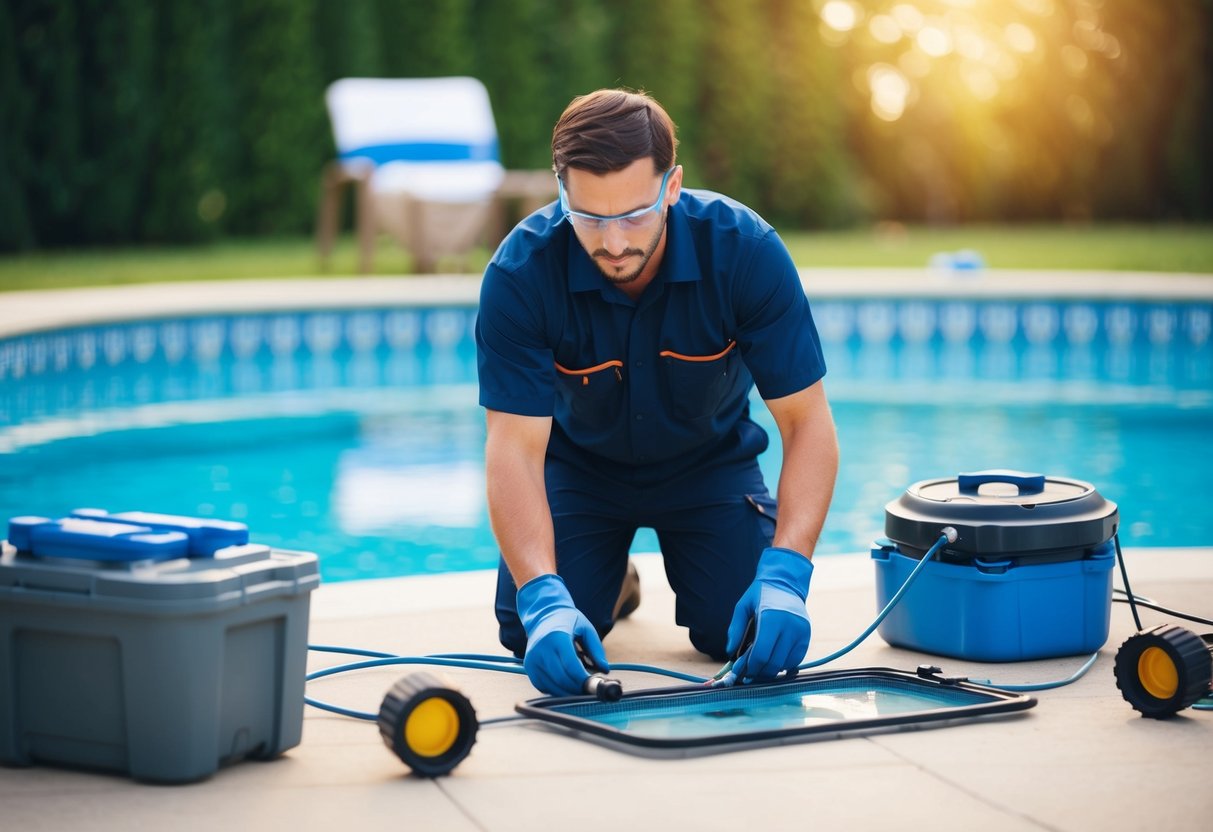 A technician using advanced technology to detect leaks in a pool, with equipment and tools spread out around the pool area