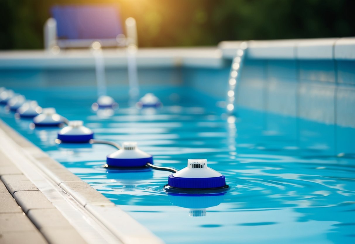 A pool with advanced technology sensors detecting leaks in the water and communicating data to a central monitoring system