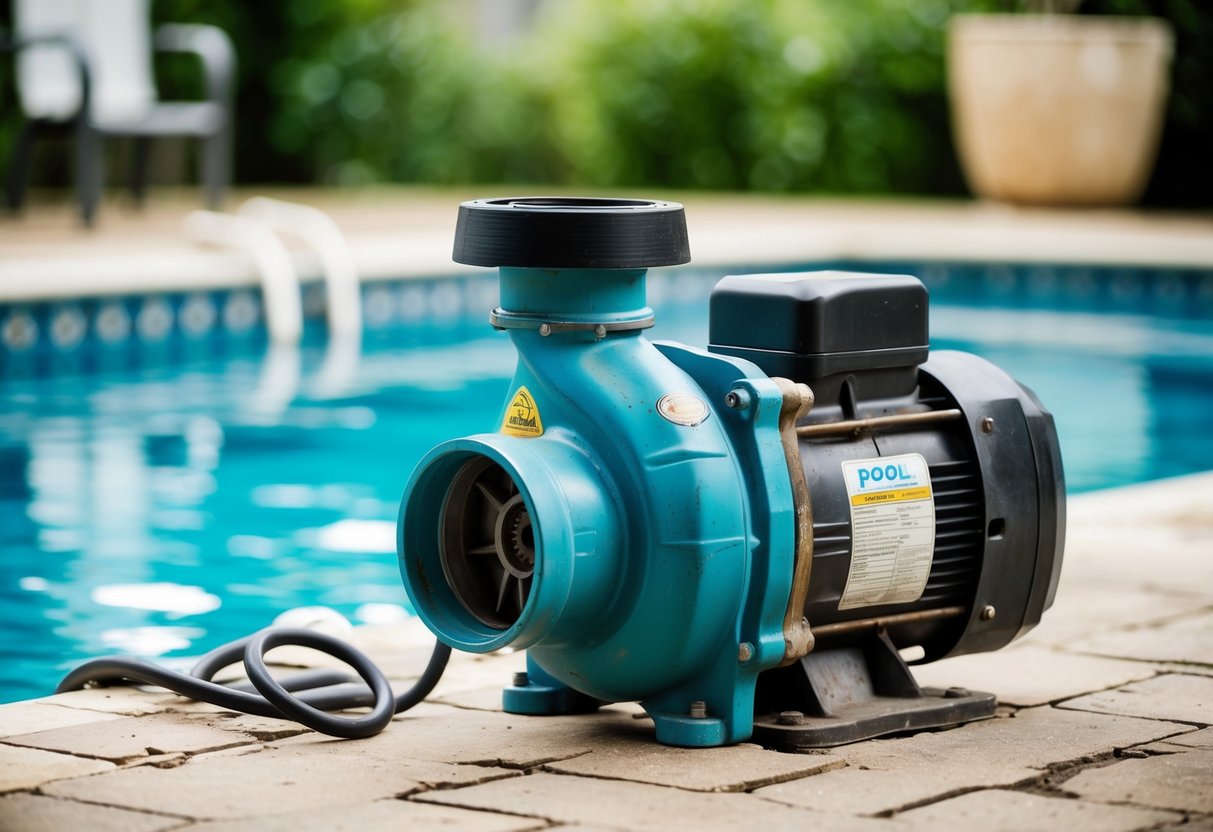 A pool pump with visible signs of wear and tear, such as leaks, rust, or unusual noises, surrounded by a pool and other related equipment