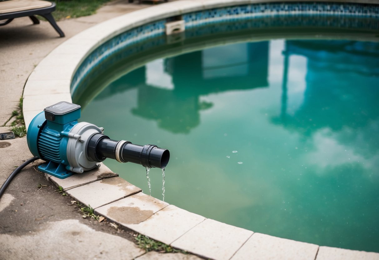 A pool pump with visibly decreased water flow and cloudy, discolored water. Surrounding pool area shows signs of neglect and lack of maintenance