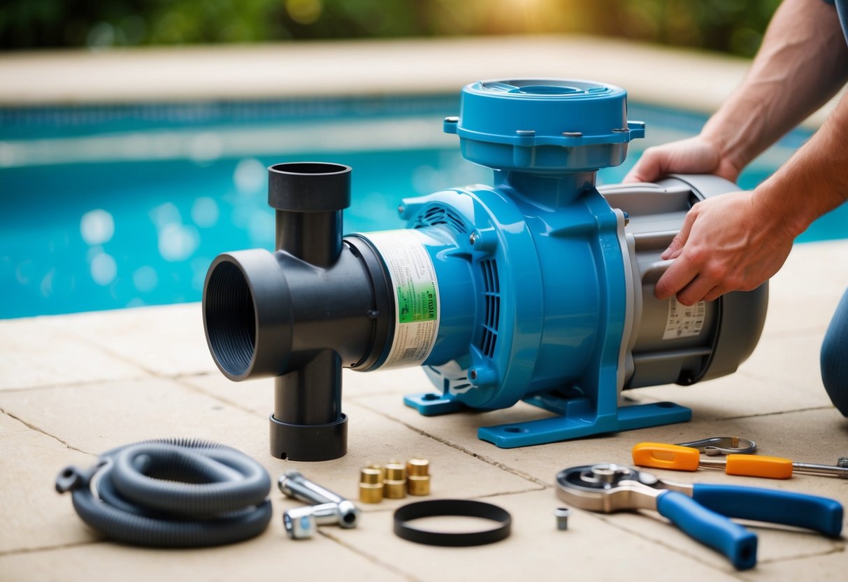 A pool pump being removed and replaced with a new one, with tools and parts laid out nearby