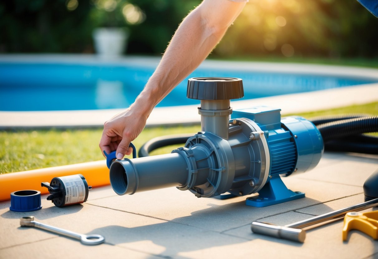 A pool pump being removed and replaced with a new one, with tools and equipment laid out nearby