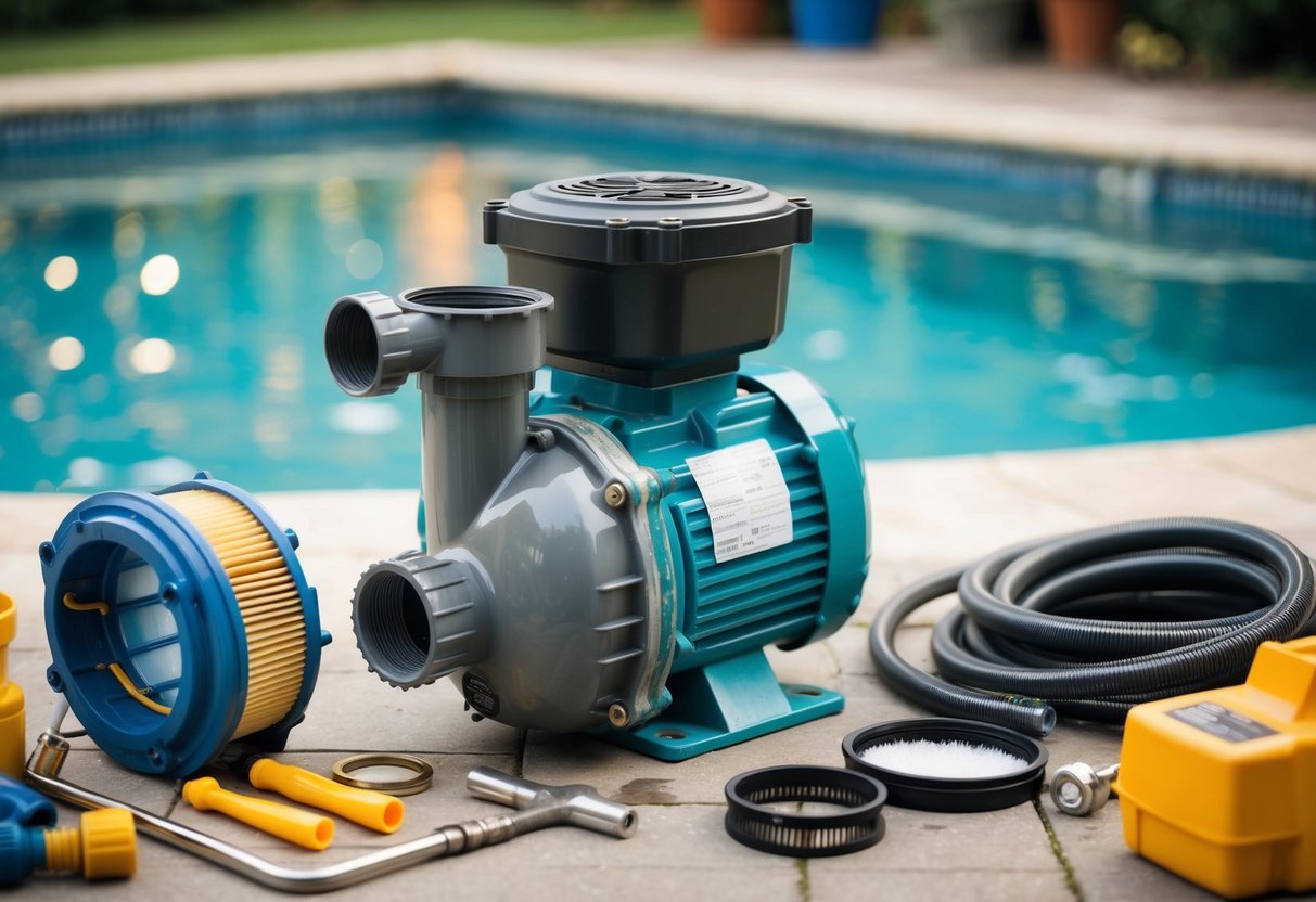 A pool pump with visible signs of wear and tear, such as leaking water, noisy operation, and a clogged filter, surrounded by various tools and equipment for troubleshooting