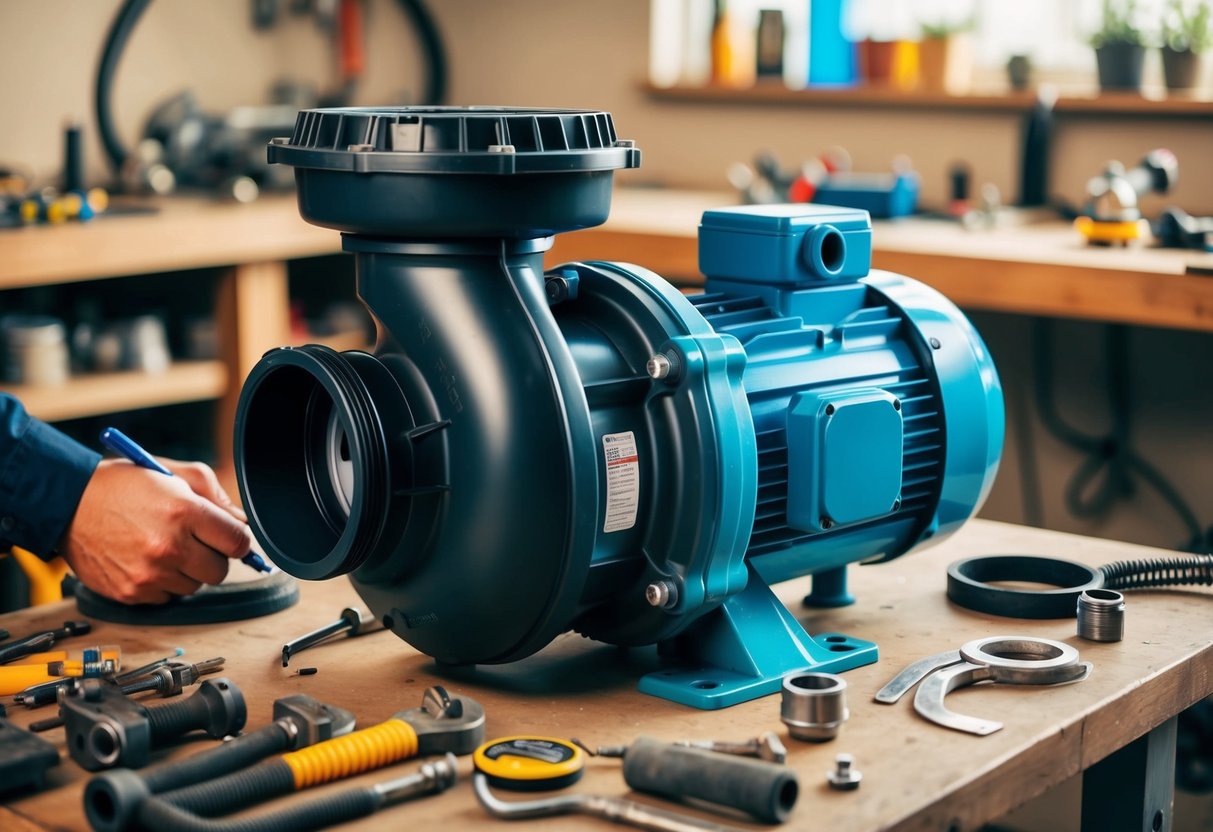 A pool pump sitting beside a cluttered workbench, surrounded by various tools and parts. A person appears to be inspecting the pump and taking notes