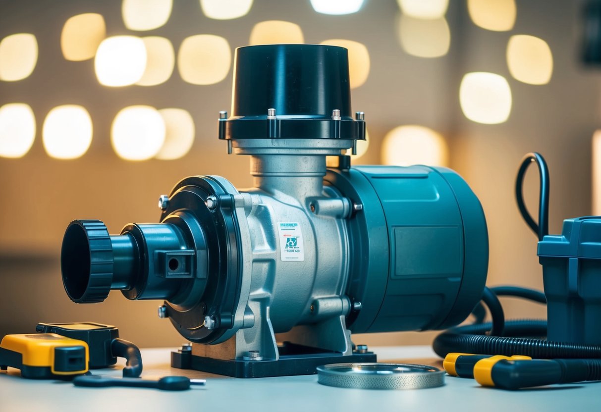 A pool pump with visible mechanical and electrical components, surrounded by tools and diagnostic equipment