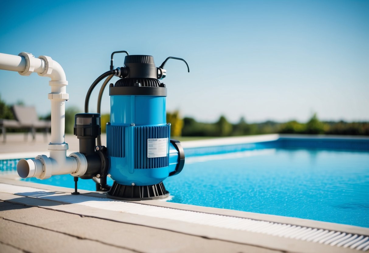 A pool pump sits beside a sparkling blue pool, connected to a filtration system. The pump is surrounded by various pipes and valves, with a clear sky in the background