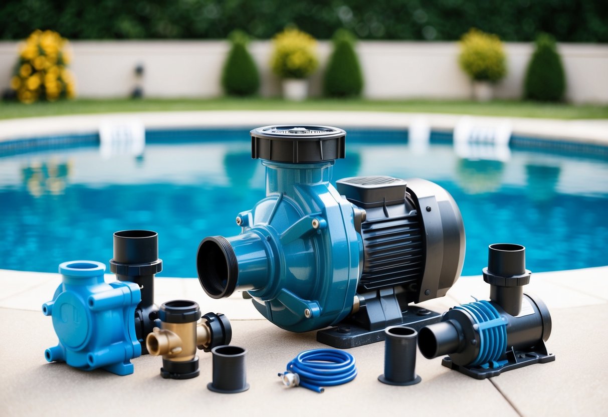 A pool pump surrounded by various sizes and types of pool equipment, with a backdrop of a clean and well-maintained swimming pool