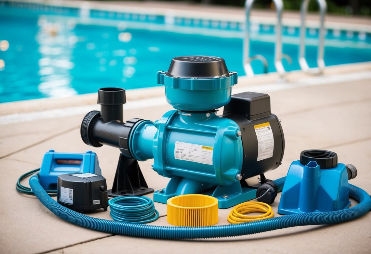 A pool pump with different energy efficiency ratings, surrounded by various pool accessories and maintenance equipment