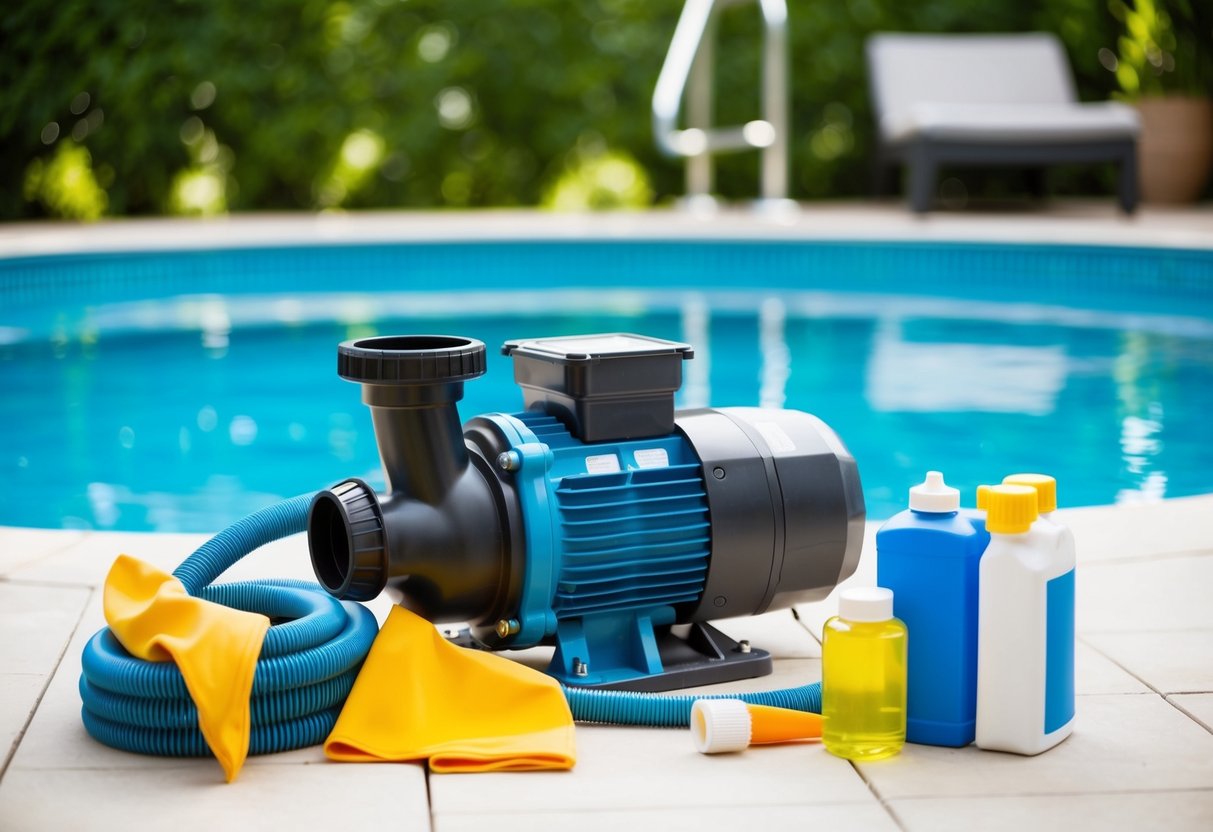 A pool pump surrounded by cleaning tools and chemicals, with clear blue water in the background, highlighting the importance of regular maintenance