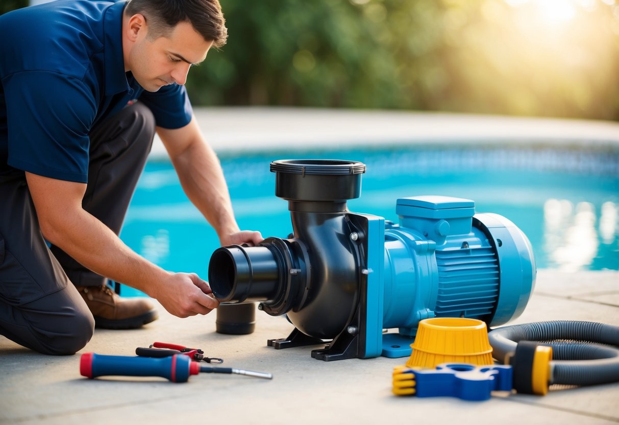 A pool pump being serviced by a technician, with tools and equipment laid out nearby. The technician is checking and cleaning the pump for optimal performance