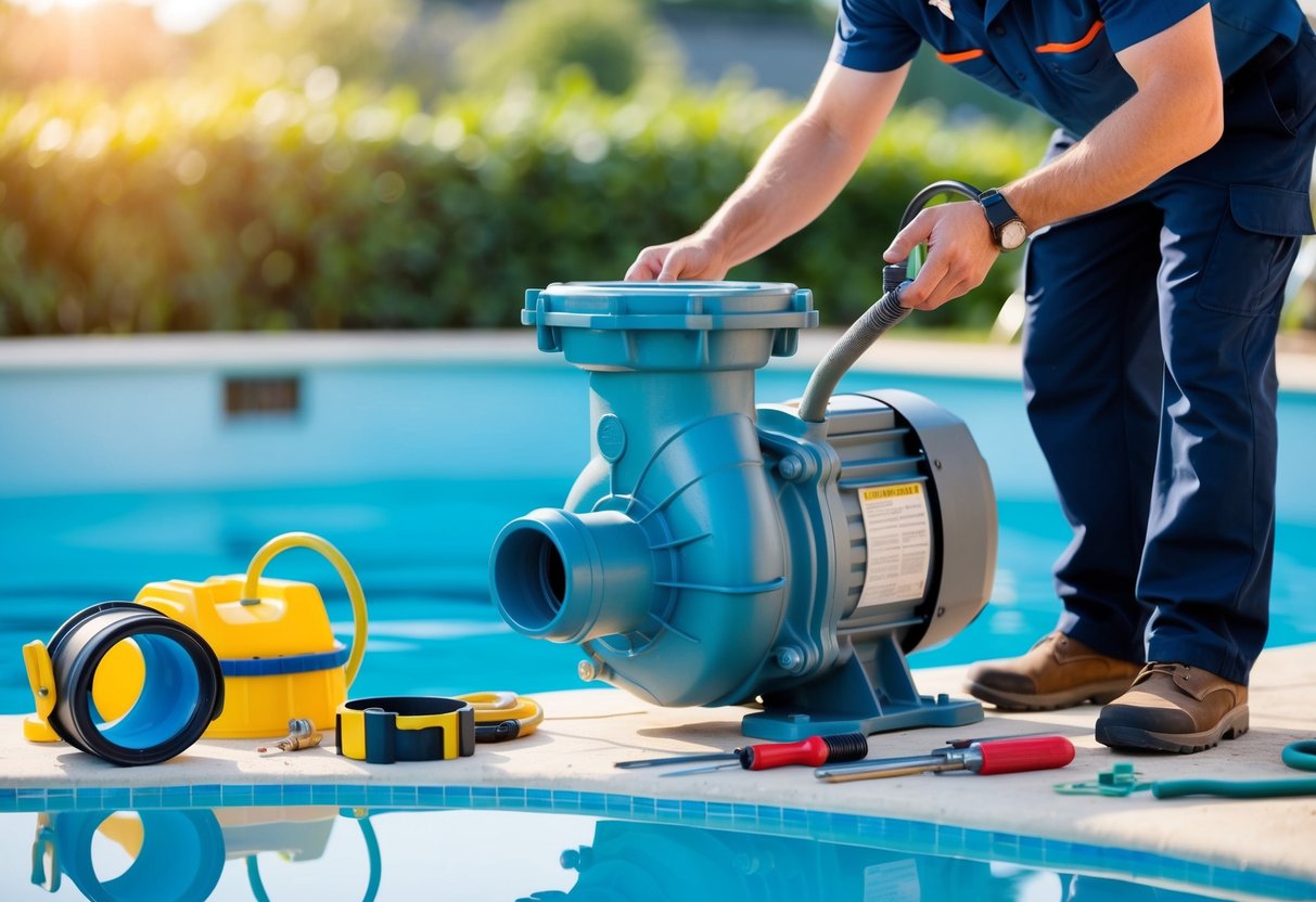 A pool pump surrounded by tools and maintenance equipment, with a technician inspecting and performing maintenance on the pump to prevent common issues