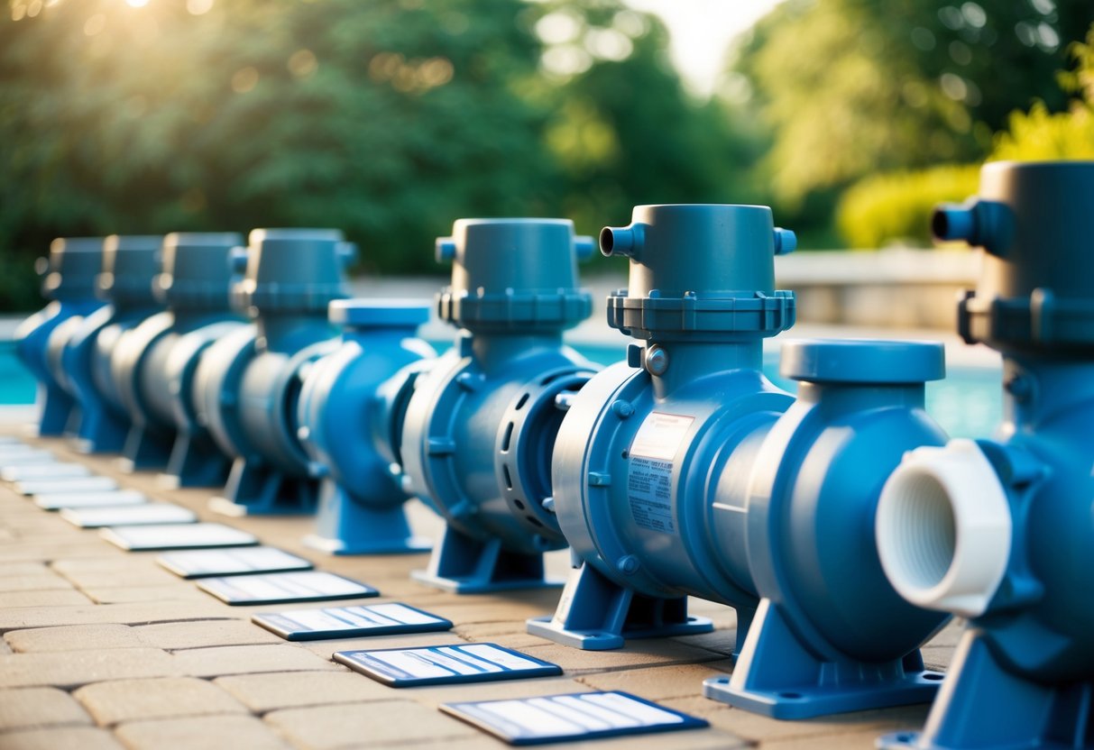 A variety of pool pump types arranged in a row, with labels indicating different efficiencies and features