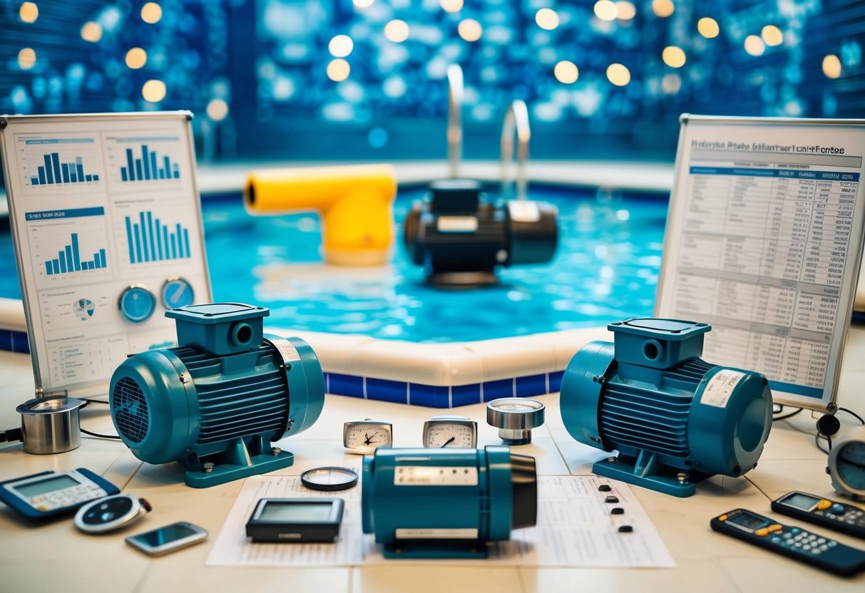 A pool with multiple types of pumps running, surrounded by measuring instruments and data charts