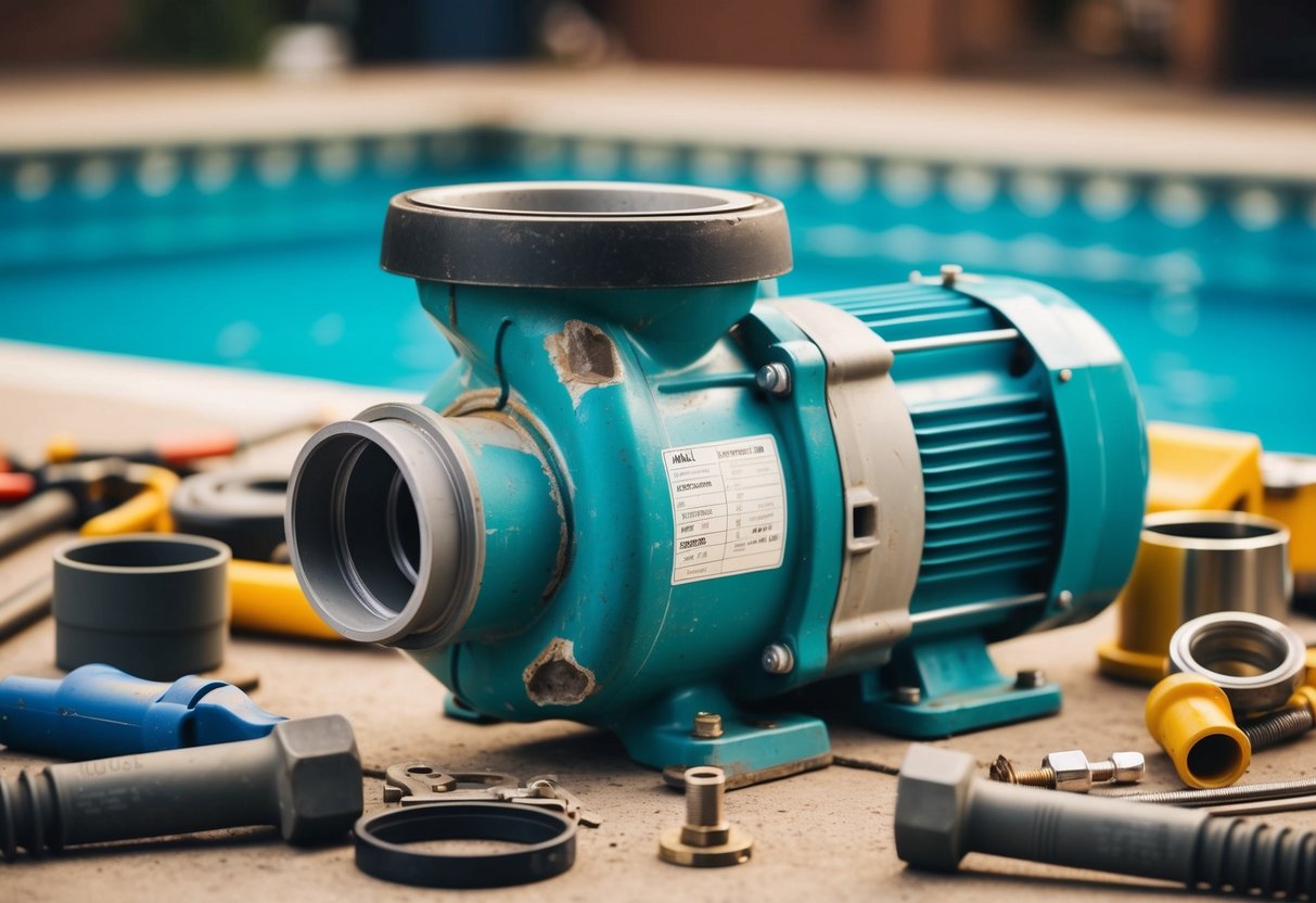 A pool pump with visible signs of wear and tear, surrounded by various tools and replacement parts