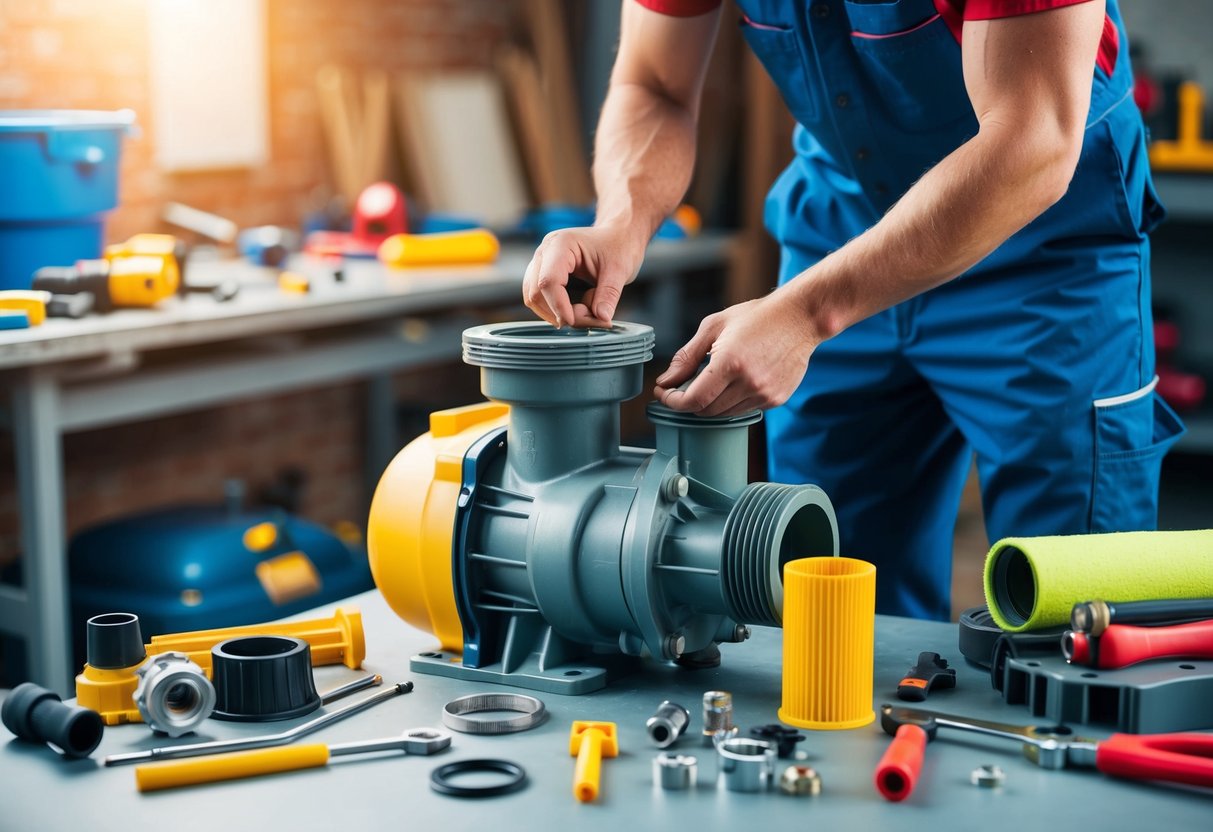 A technician repairing a pool pump with various tools and parts scattered around on a workbench