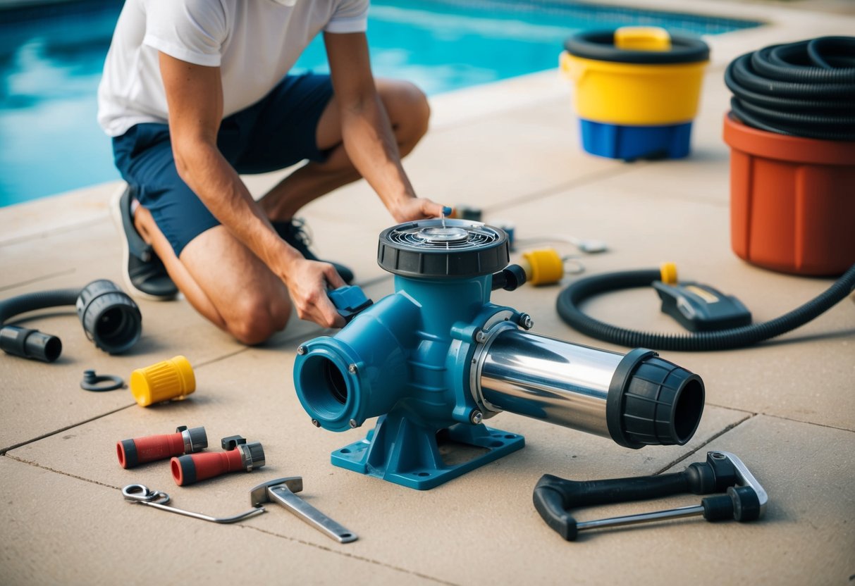 A person repairing a pool pump with tools and equipment scattered around the pool area