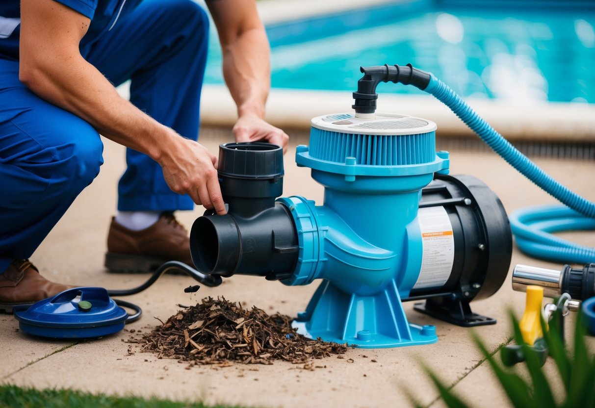 A person is performing routine maintenance on a pool pump, checking the filter, and cleaning debris from the pump. The pump is surrounded by pool equipment and tools