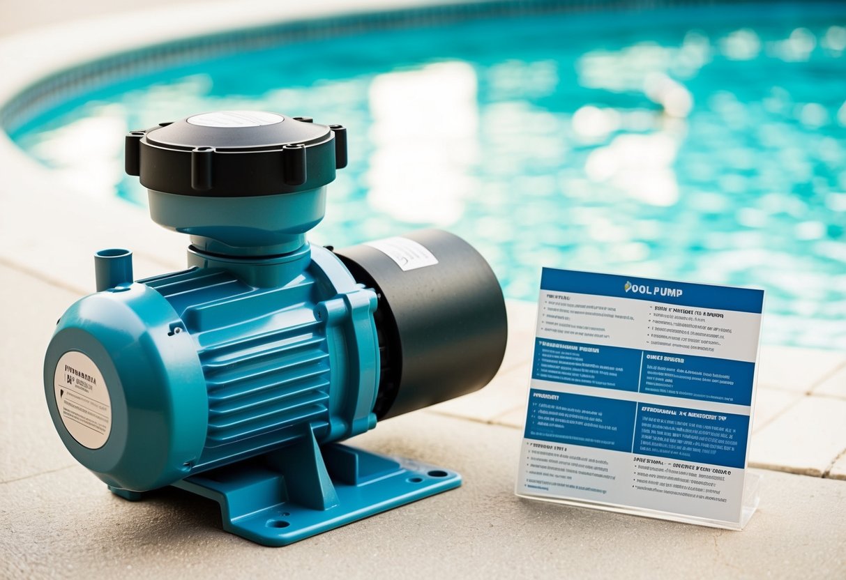 A pool pump installed next to a clean and sparkling pool, with clear labeling of its features and warranty information displayed nearby