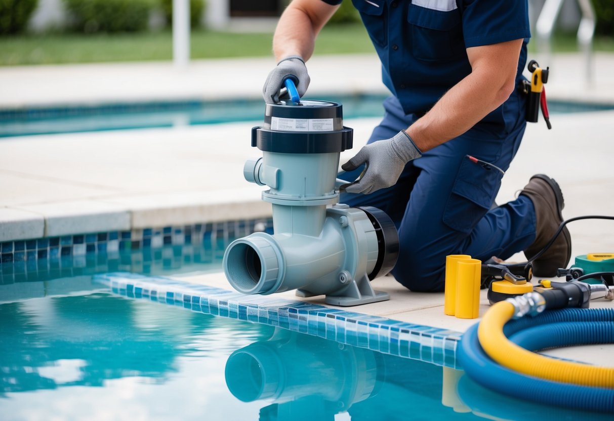 A pool pump being serviced by a technician with tools and equipment nearby, surrounded by a clean and well-maintained pool area