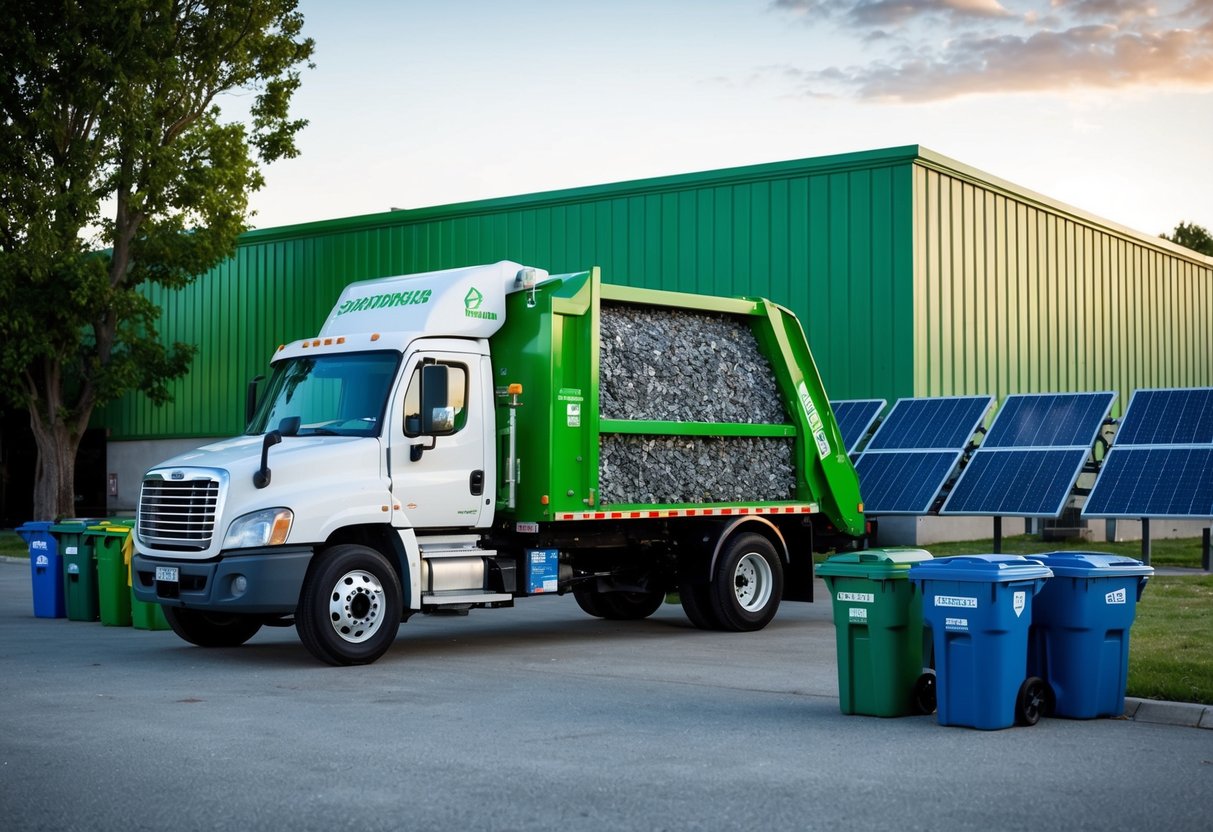 A modern shredding truck parked outside a green building, surrounded by recycling bins and solar panels, with a tree-lined backdrop