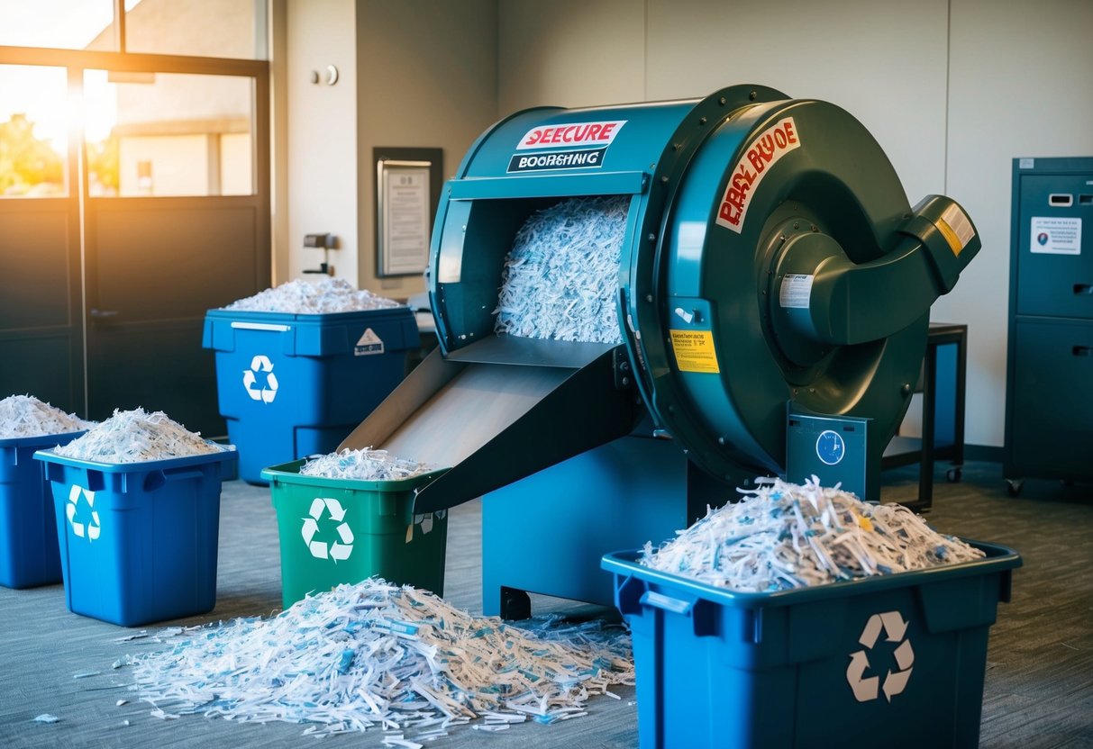 A secure document shredding service operating a large industrial shredder, surrounded by bins of shredded paper and a recycling area