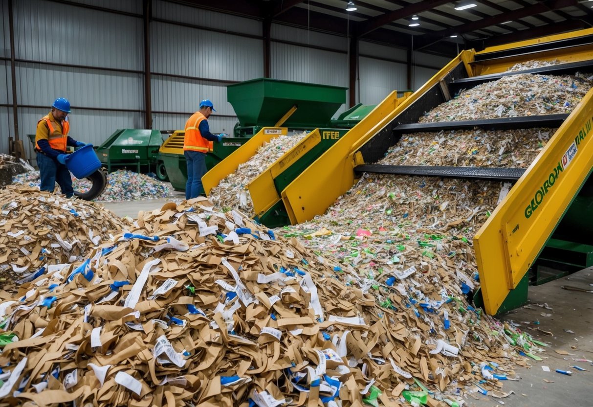 A recycling facility in Georgia processes shredded paper, with workers sorting and compacting the materials for recycling