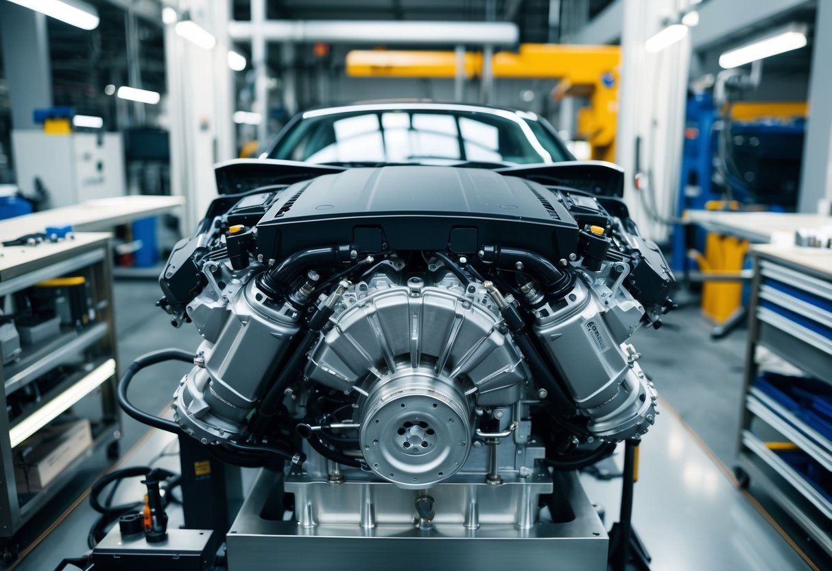 Ein schlanker und leistungsstarker Automotor aus feuerfesten Metallen, umgeben von Präzisionswerkzeugen und High-Tech-Ausrüstung in einer modernen Automobilfertigungsanlage.