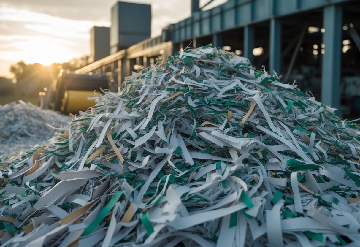 A pile of shredded paper being collected, processed, and transformed into new paper products in a Georgia recycling facility