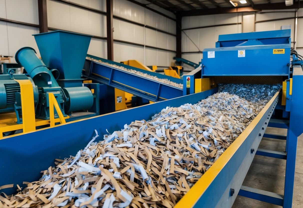 A recycling plant in Georgia processes shredded paper, with conveyor belts and machinery separating and compacting the material for reuse