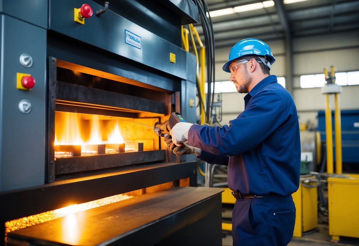 Ein Techniker, der einen Hochtemperaturofen betreibt, um feuerfeste Metallautomobilteile herzustellen.