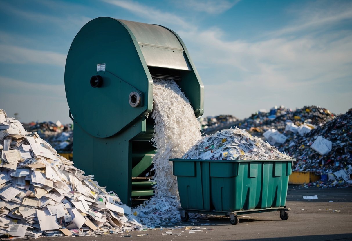 A large industrial paper shredder processing stacks of paper waste, with shredded paper accumulating in a bin, surrounded by overflowing landfills